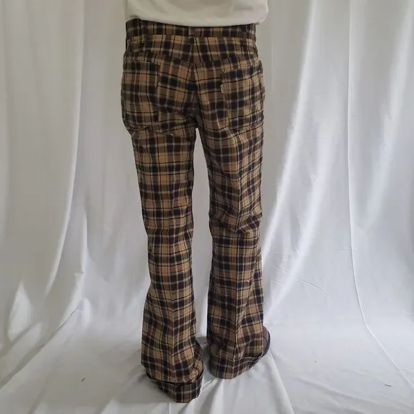 60s/70s Levi's Brown and Blue Plaid Pleated Flare Pants - Picture 4 of 6